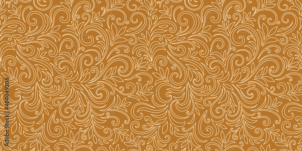 Elegant seamless pattern with leaves and curls. Luxury floral background. Vector illustration.