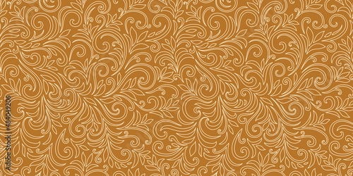 Elegant seamless pattern with leaves and curls. Luxury floral background. Vector illustration.