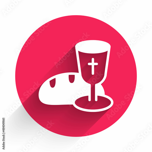 White Goblet and bread icon isolated with long shadow. Bread and wine cup. Holy communion sign. Red circle button. Vector
