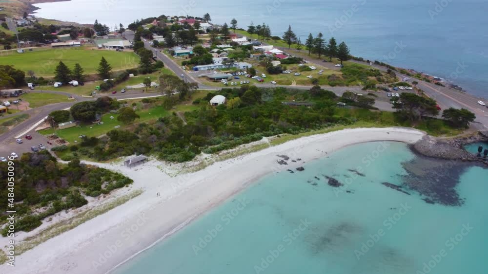 Hog Bay in the township of Penneshaw on Kangaroo Island, South Australia. High angle panning aerial Hog Bay in the township of Penneshaw on Kangaroo Island, South Australia. High angle panning aerial