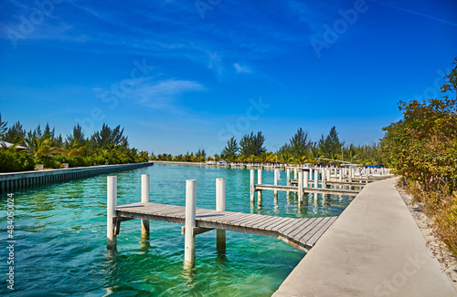 Docks line the harbor at Sandy Point  North Caicos  Turks and Caicos Islands