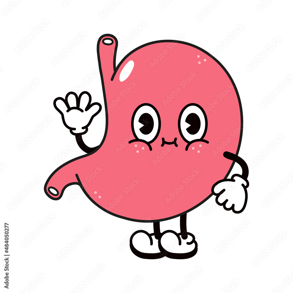 Cute funny stomach waving hand character. Vector hand drawn traditional cartoon vintage, retro, kawaii character illustration icon. Isolated on white background. Stomach character concept Cute funny stomach waving hand character. Vector hand drawn traditional cartoon vintage, retro, kawaii character illustration icon. Isolated on white background. Stomach character concept