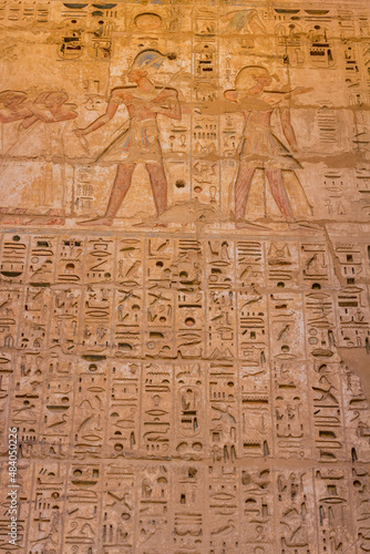 Hieroglyphs in Medinet Habu (Mortuary temple of Ramesses III) at the Theban Necropolis, Egypt