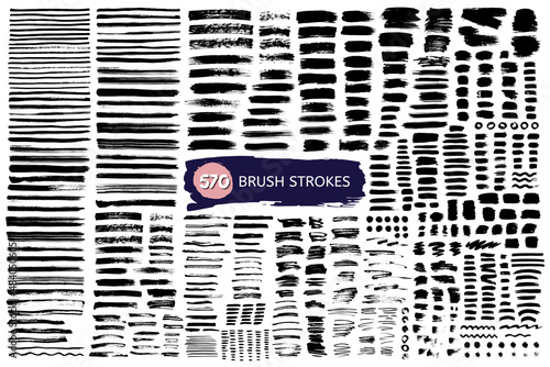 Vector set of 570 paint brush strokes.  Black paint brush drawing. Abstract black textured.