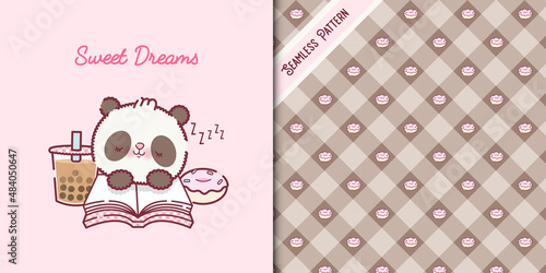 sleeping cartoon panda bear and donuts seamless pattern