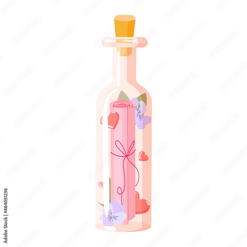 Love Letter bottle jar with pink hearts and violet flower inside. Happy Valentines day card. Vector flat illustration. Perfect for romantic greeting cards, wedding invitations and home decorate Love Letter bottle jar with pink hearts and violet flower inside. Happy Valentines day card. Vector flat illustration. Perfect for romantic greeting cards, wedding invitations and home decorate