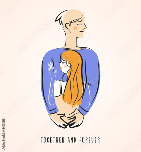 Young couple lovely hugging. Happy Valentines day cards with text together and forever on beige background. Trendy flat style illustration