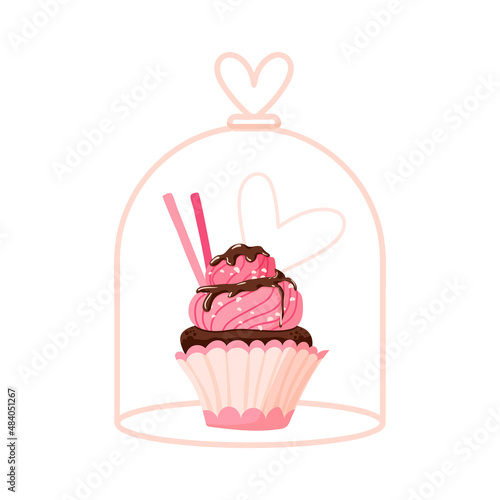 Pink cupcake with chocolate and sugar heart under glass dome. Valentine's day vector illustration. Flat style