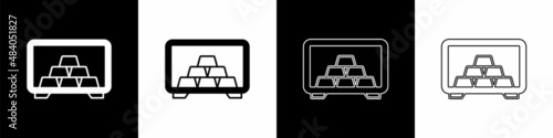 Set Safe with gold bars icon isolated on black and white background. Precious metals on deposit in bank. Metallic treasury. Reliable data protection. Vector