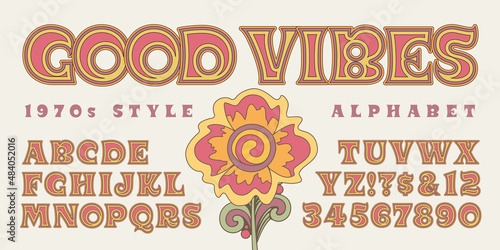 Good Vibes; a lively and fun vintage 1970s style alphabet with striped effects, warm color palette and groovy post-hippie era look.
