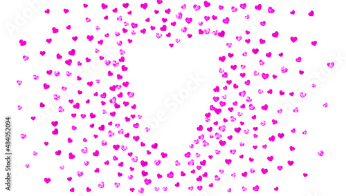 Heart border for Valentines day with pink glitter. February 14th day. Vector confetti for heart border template. Grunge hand drawn texture. Love theme for party invite, retail offer and ad.