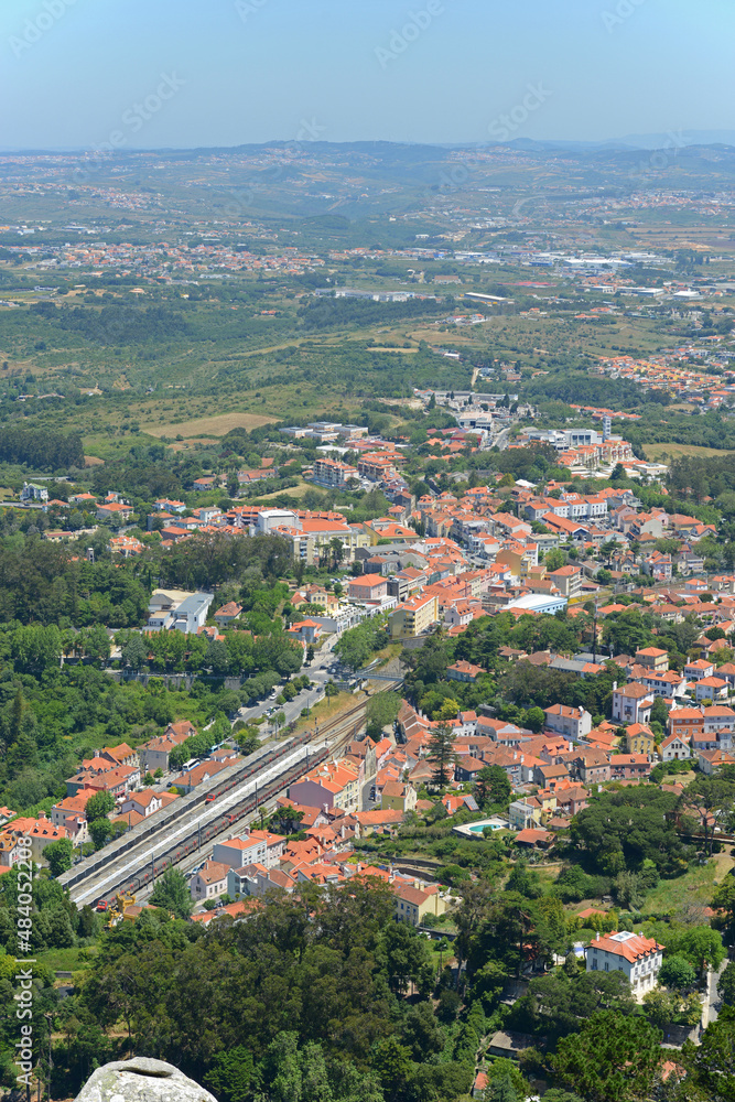 Aerial view of town of Sintra and landscape from top of Castle of the Moors, Sintra, Lisbon District, Portugal. 