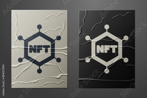 White NFT blockchain technology icon isolated on crumpled paper background. Non fungible token. Digital crypto art concept. Paper art style. Vector