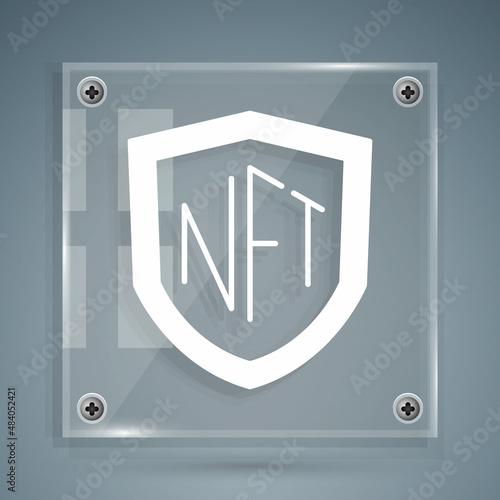 White NFT shield icon isolated on grey background. Non fungible token. Digital crypto art concept. Square glass panels. Vector