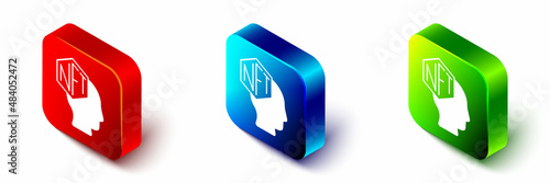 Isometric NFT Digital crypto art icon isolated on white background. Non fungible token. Red, blue and green square button. Vector