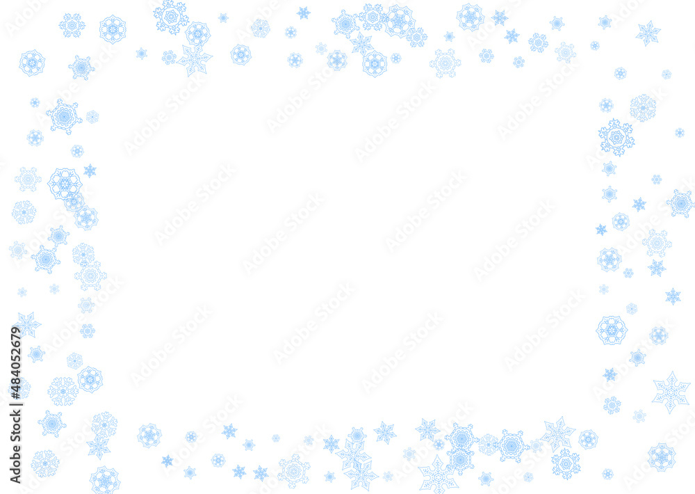 Winter frame with blue snowflakes for Christmas and New Year celebration. Horizontal winter frame on white background for banners, gift coupons, vouchers, ads, party events. Falling frosty snow. Winter frame with blue snowflakes for Christmas and New Year celebration. Horizontal winter frame on white background for banners, gift coupons, vouchers, ads, party events. Falling frosty snow.