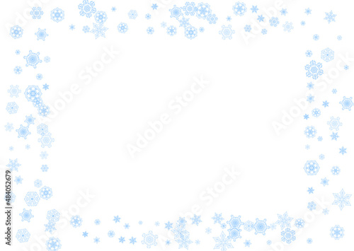 Winter frame with blue snowflakes for Christmas and New Year celebration. Horizontal winter frame on white background  for banners, gift coupons, vouchers, ads, party events. Falling frosty snow.