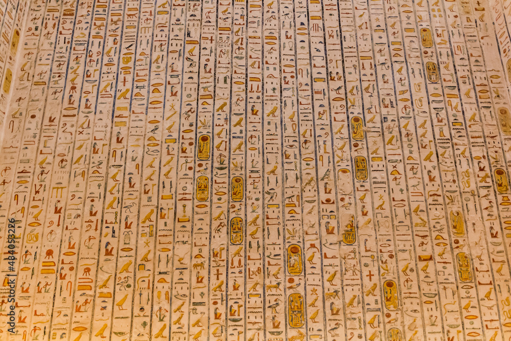 Hieroglyphs in Ramesses IV tomb in the Valley of the Kings at the Theban Necropolis, Egypt
