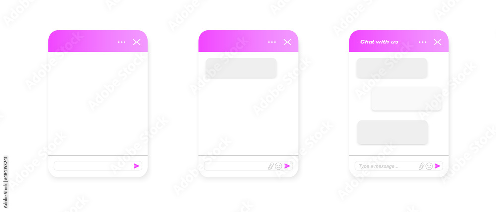 Chat bot pop up screen templates. Life chat windows empty and with message bubbles isolated on white background. Virtual assistant concept. Mobile messenger app design