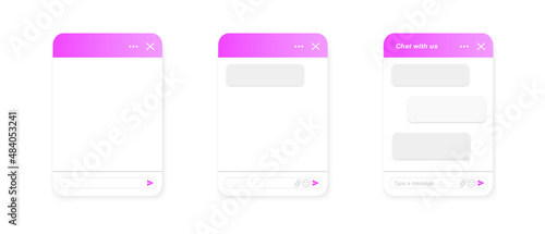 Chat bot pop up screen templates. Life chat windows empty and with message bubbles isolated on white background. Virtual assistant concept. Mobile messenger app design photo