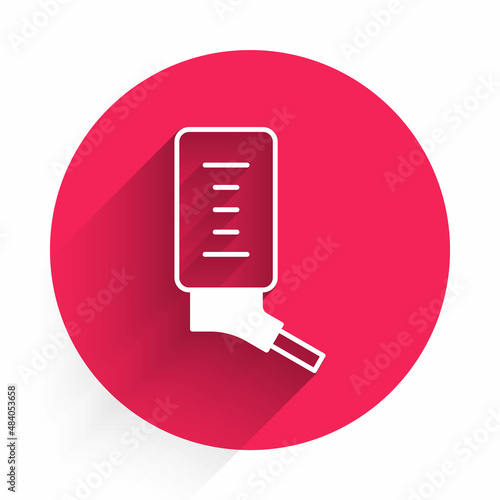 White Automatic drinker for small pets icon isolated with long shadow background. Red circle button. Vector