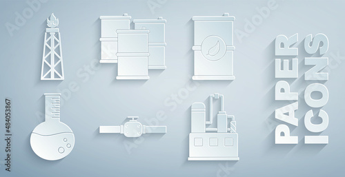 Set Industry pipes and valve, Bio fuel barrel, Oil petrol test tube, industrial factory building, Barrel oil and rig with fire icon. Vector