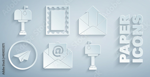 Set Mail and e-mail, Outgoing, Paper plane, box, Postal stamp and icon. Vector