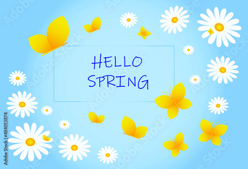 Spring card with chamomile and butterflies on a light blue background