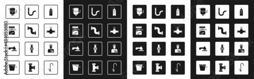 Set Bottle of water, Industry metallic pipe, Well, Electric boiler for heating, and valve, Plumber and Water tap icon. Vector