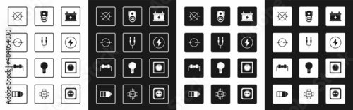 Set Car battery, Audio jack, Electric circuit scheme, Lightning bolt, Electrical outlet, light switch and Resistor electricity icon. Vector