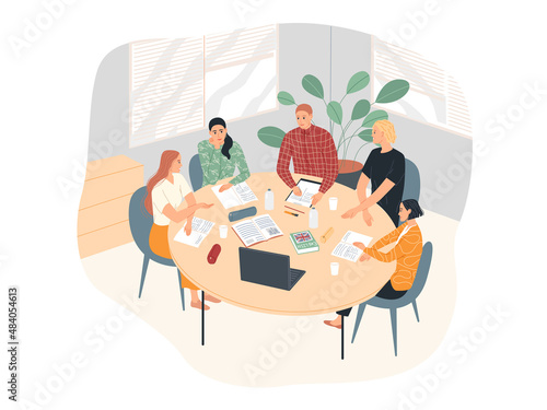 A group of students at the table are studying. Learning English.