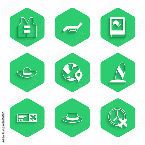 Set Location on the globe, Man hat with ribbon, Clock airplane, Surfboard, Airline ticket, Elegant women, Photo and Life jacket icon. Vector