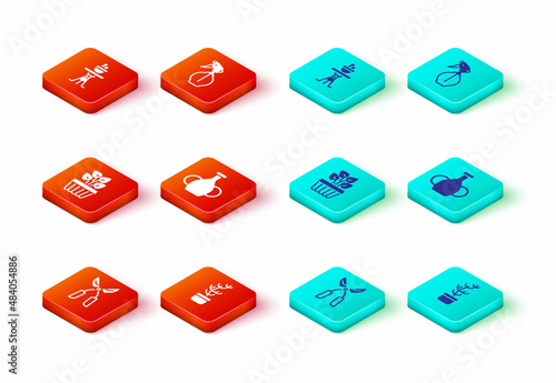 Set Gardening handmade scissors, Exotic tropical plant pot, Indoor ivy, Vase, Water spray bottle and Plant on table icon. Vector