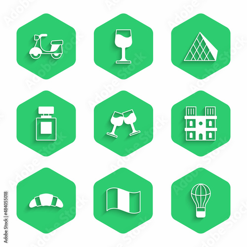 Set Wine glass, Flag France, Hot air balloon, Notre Dame de Paris, Croissant, Perfume, Louvre pyramid and Scooter icon. Vector