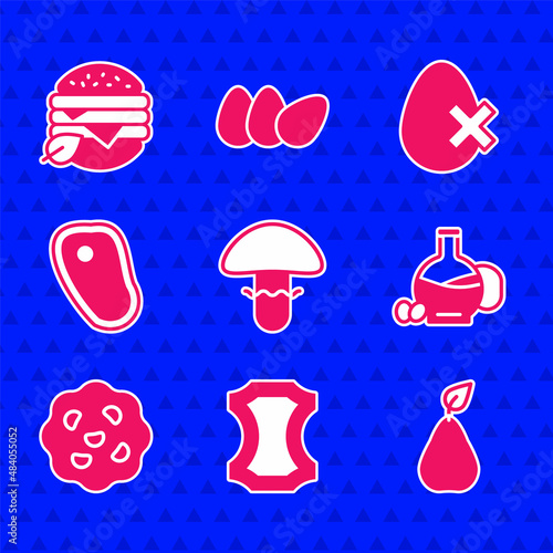 Set Mushroom, Leather, Pear, Bottle of olive oil, Cookie or biscuit, Steak meat, No egg and Vegan food diet icon. Vector