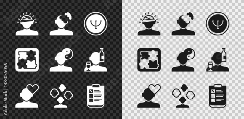 Set Concussion, headache, Solution problem in psychology, Psychology, Broken heart or divorce, Schizophrenia, Psychological test, and Yin Yang symbol icon. Vector