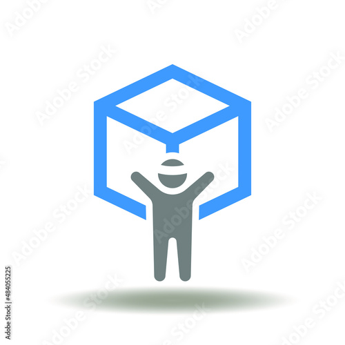 Vector illustration of 3d cube and man with vr glasses. Icon of metaverse. Symbol of meta universe. 3d virtual designing gaming blockchain technology sign.