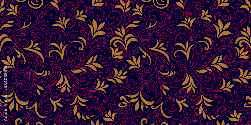 Elegant seamless pattern with leaves and curls. Luxury floral background. Vector illustration. Elegant seamless pattern with leaves and curls. Luxury floral background. Vector illustration.