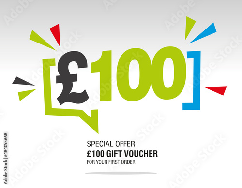 100 Pound Sterling internet website promotion sale offer big sale and super sale modern colorful coupon code £100 discount gift voucher coupon