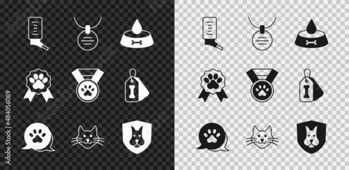 Set Drinker for small pets, Collar with name tag, Pet food bowl cat dog, Paw print, Cat, Animal health insurance, award symbol and icon. Vector