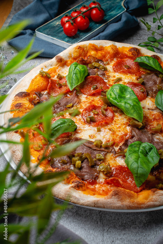 Traditional Italian pizza "Pescara" with Parma ham, arugula, olives, basil, mozzarella cheese, grana padano cheese on a plate on a gray stone table. Restaurant Menu