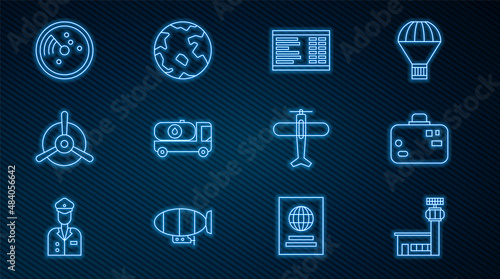 Set line Airport control tower, Suitcase, board, Fuel tanker truck, Plane propeller, Radar with targets monitor, and Worldwide icon. Vector