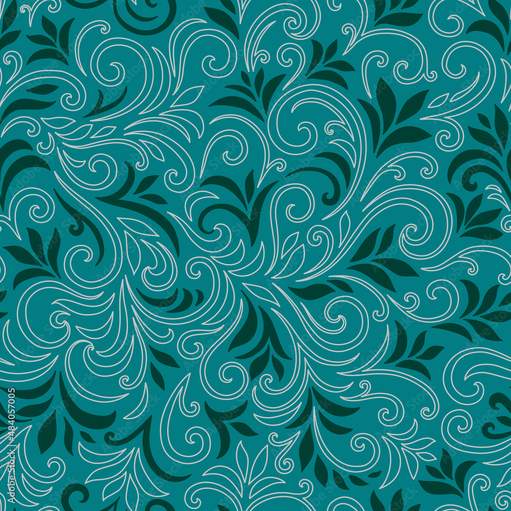 Elegant seamless pattern with leaves and curls. Luxury floral background. Vector illustration. Elegant seamless pattern with leaves and curls. Luxury floral background. Vector illustration.