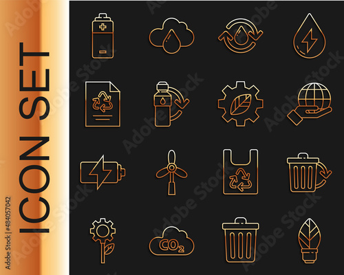 Set line Light bulb with leaf, Recycle bin recycle, Hand holding Earth globe, clean aqua, Recycling plastic bottle, Paper, Battery and Leaf plant gear machine icon. Vector