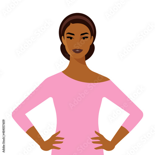 Young cheerful woman keeping hands on her hips. Bright girl smiling, looking straight and confident. Female portrait, joyful happy face, front view. Modern illustration for cover, poster, design