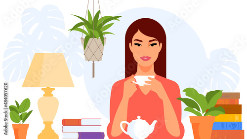 Pretty woman relaxing with cup of tea and books at home. Cheerful girl reading, studying or resting in cozy place. Houseplants, books, pot, cup, lamp with shade. Vibrant illustration in modern style.