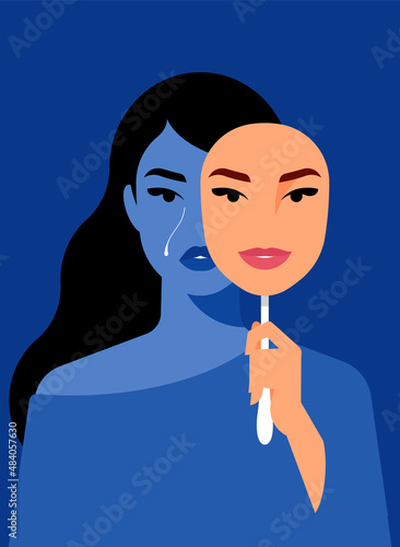 Sad woman covering face with mask expressing opposite emotion. Impostor syndrome, hypocrisy, split personality, psychological problems, bipolar disorder. Illustration for poster, cover, magazine.