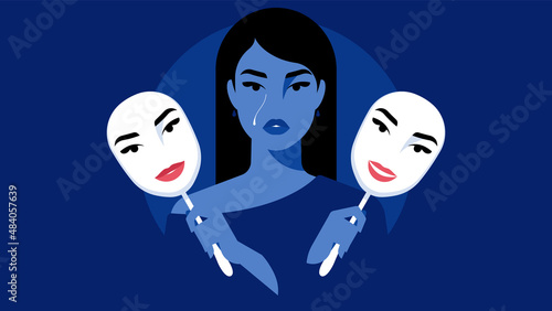 Bipolar disorder syndrome. Miserable girl holding in her hands masks expressing positive emotion. Depressed woman, social pressure, dispirited person, sadness. Person with psychological problems.