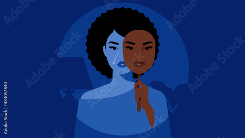 Cruing woman covering face with mask expressing opposite emotion. Sad black girl. Impostor syndrome, hypocrisy, psychological problems, bipolar disorder. Illustration for poster, cover, mag.