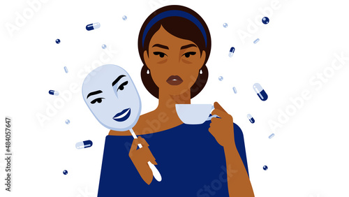 Burnout concept. Tired woman holding in her hands mask and cup of coffee. Pills and antidepressants on background. Workload, fatigue and stress. Depressed woman, social pressure, dispirited person.